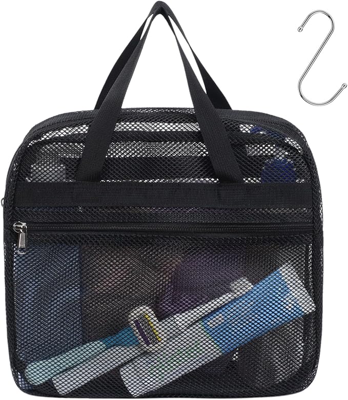 Mesh Shower Caddy Portable with Zipper - 2-Handle Shower Bag for Dorm | S-Hook, Quick-Dry Mesh, Toiletry Organizer, College Dorm Room Essentials for Girls, Camping, Gym, Travel & Bathroom, Black