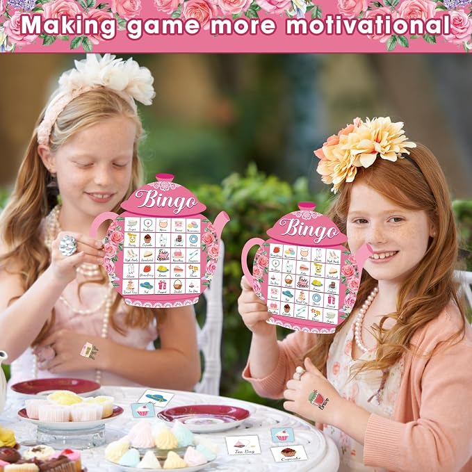 39Pcs Tea Party Bingo Game for Adults 24 Players Floral Teapot Shape Bingo Cards with Reward Stickers for Family Friend Student Large Group Activities Garden Bridal Wedding Holiday Party Favors