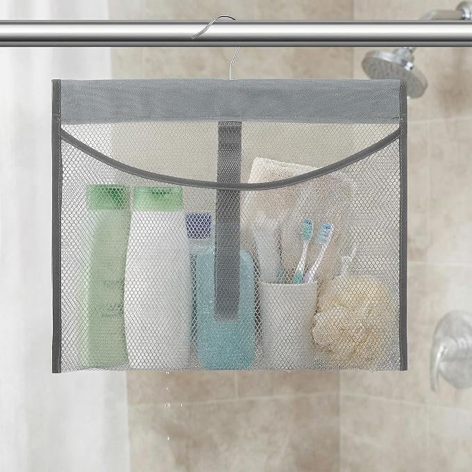 Mesh Shower Caddy Portable Shower Bag with Rotatable Hanger Quick Dry Hanging Toiletry Organizer Mesh Bath Toy Holder for Travel Gym Bathroom Dorm Essentials (Gray)