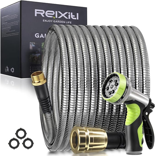 100FT Metal Garden Hose - Stainless Steel, Heavy Duty, Flexible & Lightweight, Never Kink and Tangle, with 10-Function Nozzle, Pressure Resistant for Outdoor Use (Yellow)