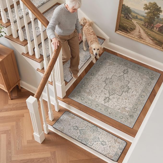 SARBEN 9.5"x30" Non Slip Bullnose Stair Treads for Wooden Steps 15Pk,Taupe | Peel and Stick Carpet Stair Runner with TPE Adhesive Backing, Carpet for Added Safety, Pet and Senior Friendly