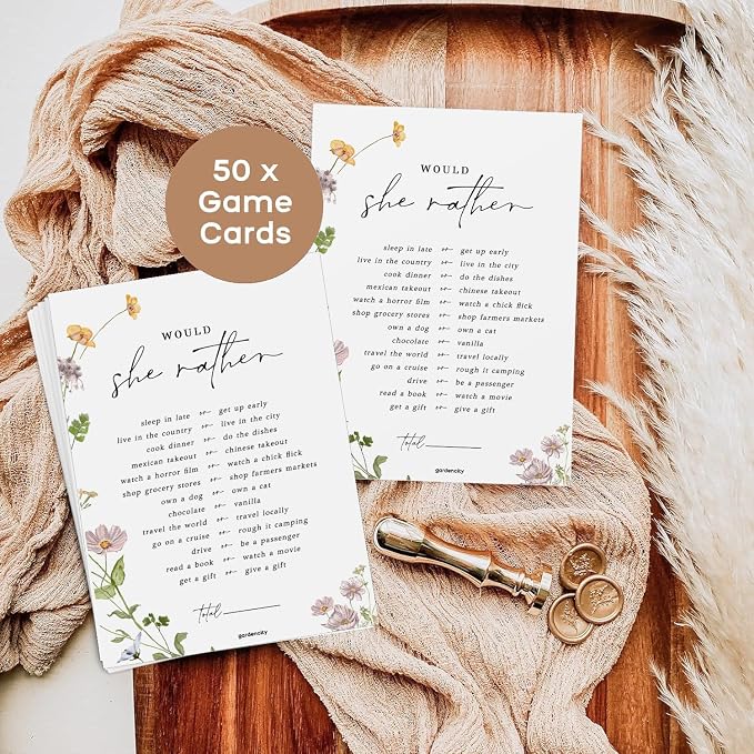 GardenCity Would She Rather, Bridal Shower Games, Baby Shower Games, 50 Cards, Wildflower