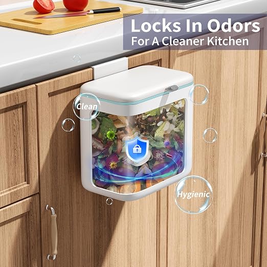 Compost Bin Kitchen for Countertop or Under Sink, 2.6 Gallon Hanging Small Trash Can with Lid, Garbage Can for Cabinet Door, Indoor/outdoor Food Waste Bin for Kitchen, Bathroom, RV, Office, White