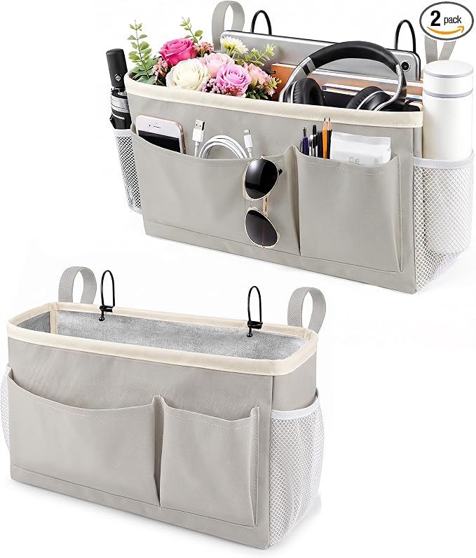 Bedside Caddy for Dorm Bed, Bedside Storage Bag Hanging Organizer | Metal Frame, Water-Resistant Lining, Fits Bed Rails up to 2.2 In, Adjustable Straps, Bunk and Hospital Beds(2 Pack, Light Gre