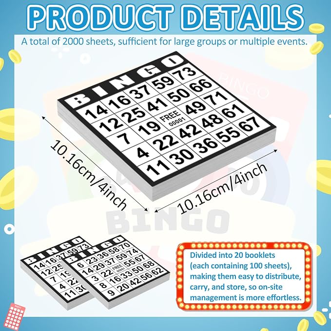 Harloon 1000 Sheets Bingo Paper Game Cards 20 Books 4"x4" Disposable Cards Suit for Family Game Nights Large Groups Activities (Black)