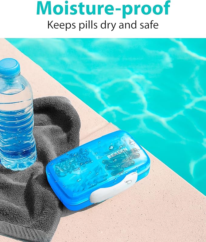 Travel Pill Organizer - Airtight Medicine Case for Traveling Portable Pharmacy Box with Labels Vitamin Container 8 Compartment Supplement Medication Holder Large Capacity Daily (Blue)