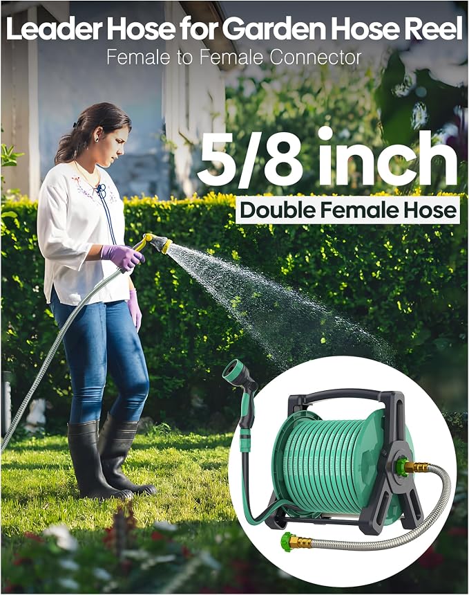 Short Metal Garden Hose 5 ft with Female to Female Connector， Stainless Steel Small Leader Hose for Hose Reel, Long, Flexible, Lightweight & Heavy Duty Water Pipe, Outdoor Water Hose Extension Adapter
