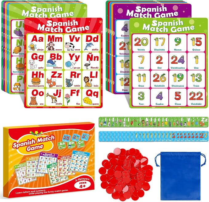 Quilinz Spanish Alphabet Bingo Games,Letter/Number/Sight Word for Kindergarten,ABC and 123 Bingo Board Match Games for Kids 4-6,Learn Spanish Flash Cards,Toddler Educational Toys