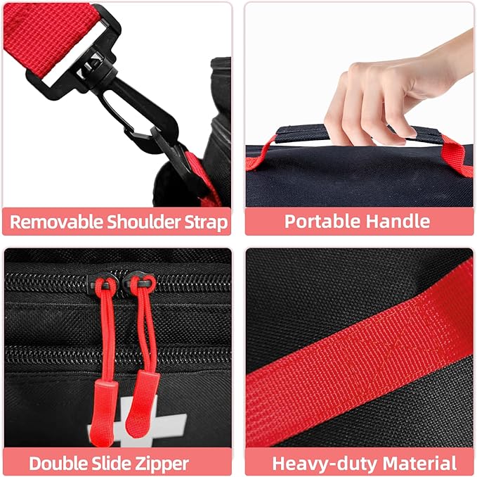 First Aid Bag Empty Large Medical Bag with Shoulder Strap 16”x 9.5” x 7” Medicine Organizer Travel First Aid kit Emergency Supplies Storage Bag for Car, Home, Office, Outdoor (Black)