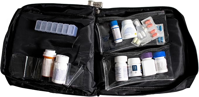 Large Combination Locking Medicine Bag, Black | Includes Pill Box, Removable Clear Bags, Prescription Bottle Organizer, Travel Carry Case, Combination Lock