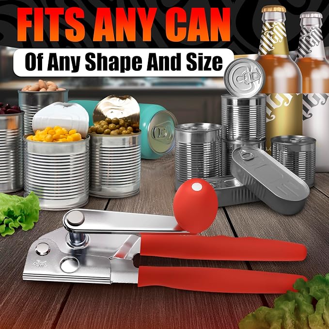 Commercial Can Opener for Large and Small Cans - Manual Stainless Steel Can Opener with Ergonomic Long Handles - 360° Smooth Crank, Non Slip Grip, 2 in 1 Bottle Opener for Home, Cafes and Restaurants