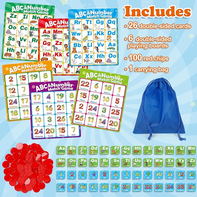 Quilinz Alphabet Bingo Game,Letter/Number/Sight Word Bingo Game for Kids,ABC and 123 Bingo Board Games for Kids 4-6,Alphabet Learning Toys for Kindergarten,Matching Game,Perfection Game for Kids