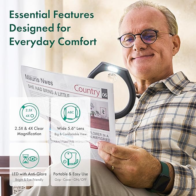 White Magnifying Glass with Light, 2.5X, 4X Handheld Large Magnifying Glass 3-LED, Support, Storage Pouch, Illuminated Lighted Magnifier for Seniors Reading, Observation, Research