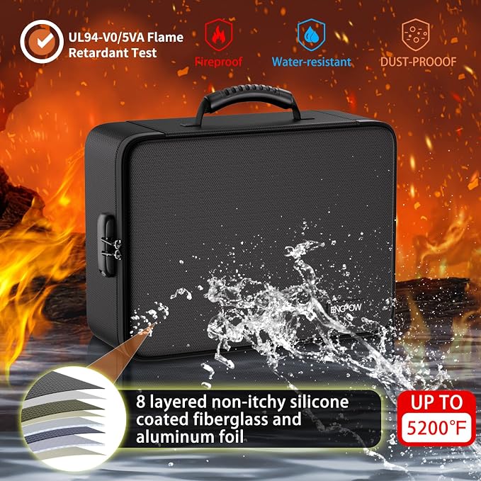 ENGPOW Fireproof Document Organizer Bag with Lock ＆ Accordion File Folder | 5200℉ Multi-Layer File Organizer Box with Lock ,Heat Insulated, Water Resistant, Safe Storage for Home Office Travel, Black