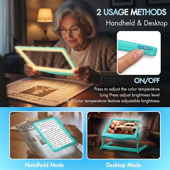 MAGNIPROS 5X Rechargeable LED Page Magnifier with Foldable Stand, Hands-Free Lighted Magnifier with 3 Color Modes, Anti-Glare Lens for Reading Small Print, Low Vision, Seniors, Crafts