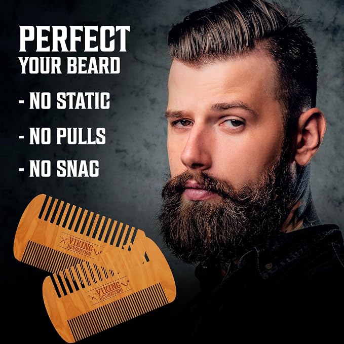 Viking Revolution Wooden Beard Comb & Case, Dual Action Fine & Coarse Teeth, Perfect for use with Balms and Oils, Top Pocket Comb for Beards & Mustaches (2 Pack)
