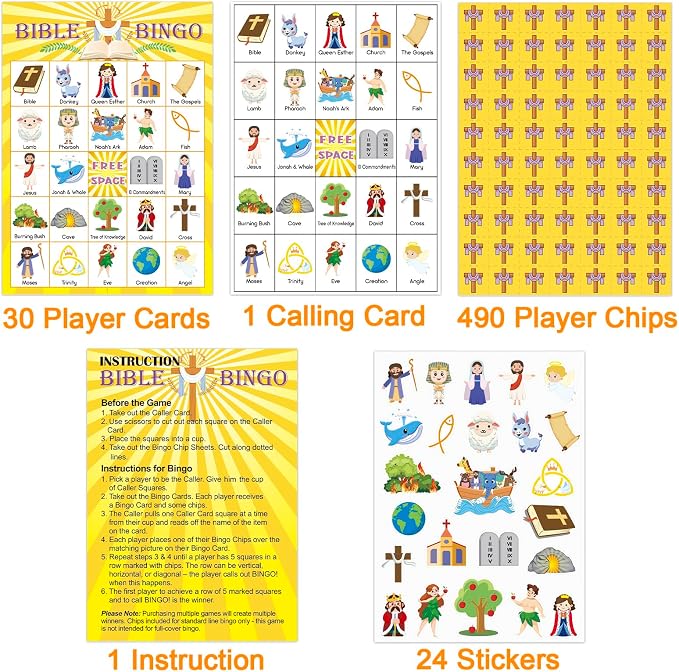 30 Players Bible Bingo Game for Kids Adult Vacation Bible School Christian Sunday Church Game Bible Activities Easter Gift Family Open Day Supplies