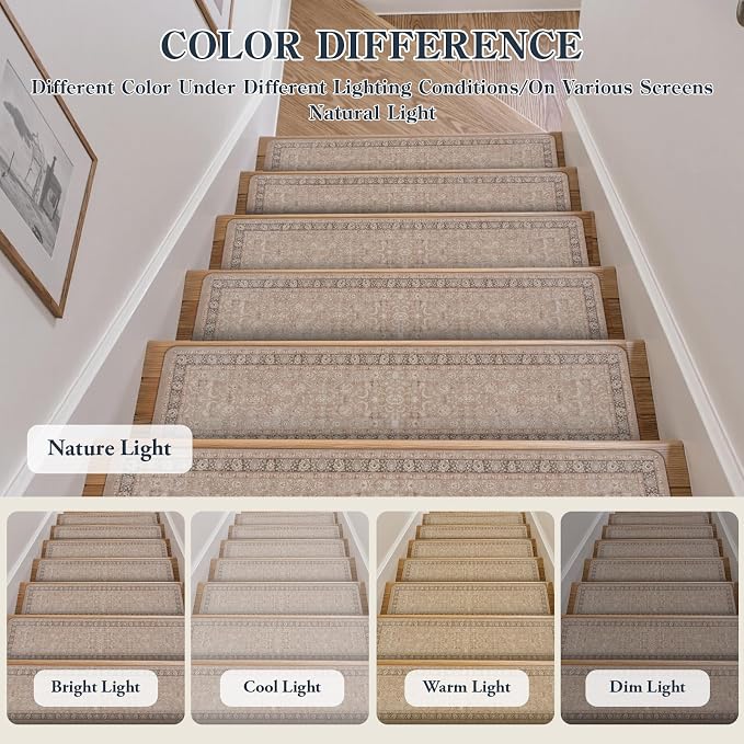 OJIA Vintage Stair Treads for Wooden Steps Indoor 15PCS 30"x8" Stair Runner | Non-Slip Carpet Stair Treads Mats Staircase Step Treads for Kids, Elders and Dogs, Rubber Stair Covers