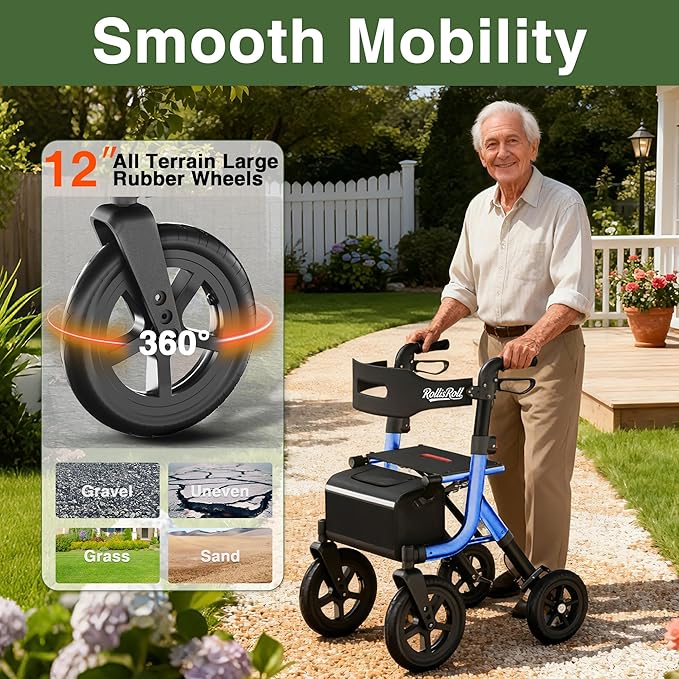 Walkers for Seniors, Rollator Walker with Seat, 12" Big Rubber Wheels All Terrain Rolling Walker with Backrest, Foldable Rollator Walker, Reinforced Aluminum Frame, Built-in Cable, Blue