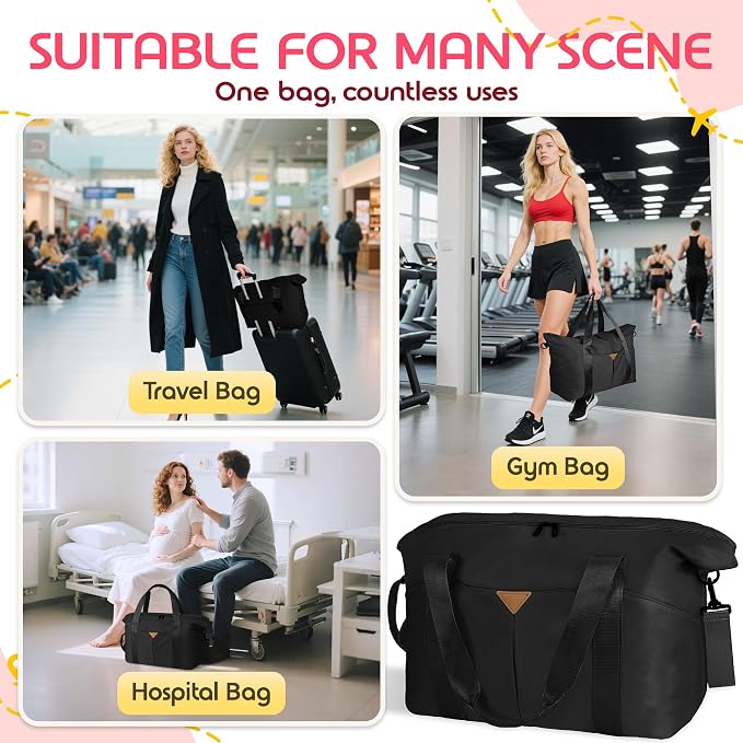 Duffle Bag for Travel, Carry-on Travel Bag with Trolley Sleeve, Sport Gym Bag for Women, Overnight Bag for Men, Hospital Bag for Labor and Delivery (Black)