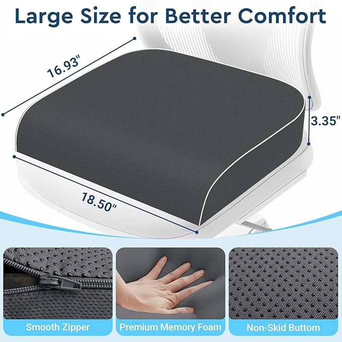 Seat Cushion, Memory Foam Office Chair Cushion, Gray, X-Large | Office Desk Accessories, Butt Pillow for Long Sitting Sciatica, Coccyx, Tailbone, Hip Pain Relief - for Home, Car, Airplane
