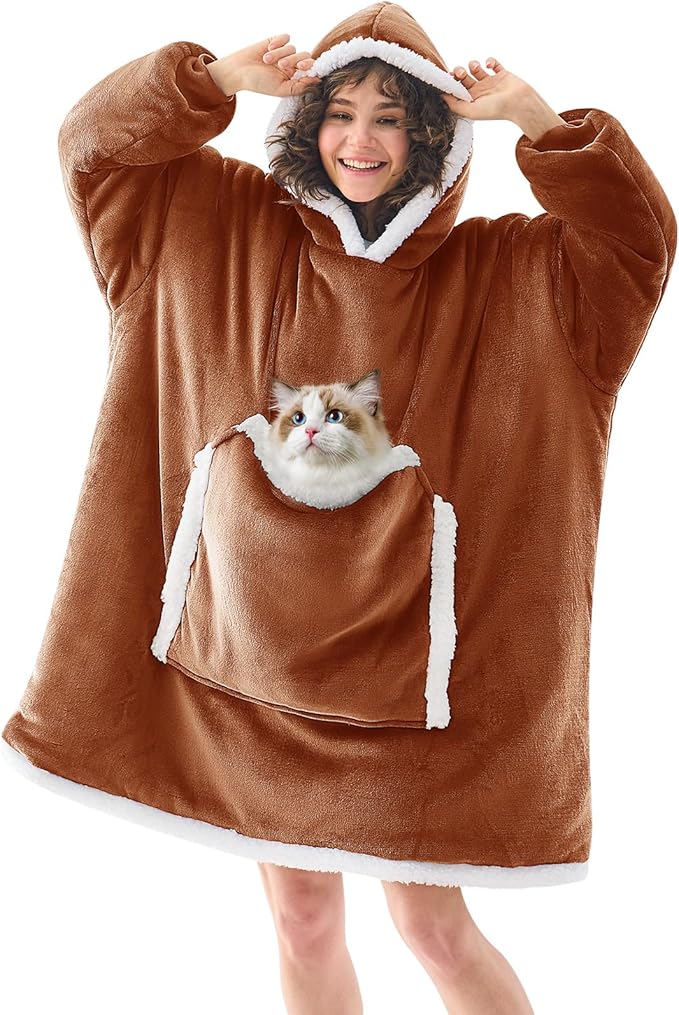 JOYWOO Caramel Wearable Blanket Hoodie,Oversized Cat Lovers Sweatshirt Blanket for Adult & Teens,Birthday Gifts for Women Mom Girls,Cozy Sherpa Blanket Giant Pocket Gifts,Caramel Small