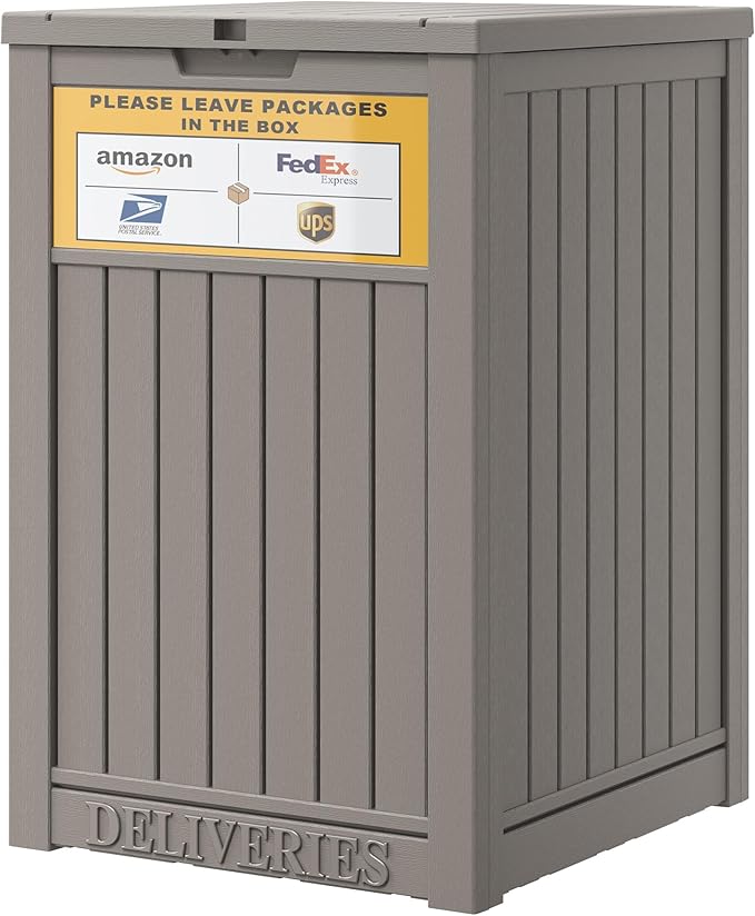 Package Delivery Box for Outside with Sign, Secure Lockable Waterproof Package Delivery Container, Resin Deck Box for Porch & Garden, Grey