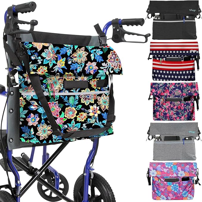 Vive XL Wheelchair Accessories Bag - Waterproof, Scratch-Resistant, Double-Stitched, Machine Washable for Adults, Seniors, 15 Colors - Storage Walker Backpack to Hang on Back (Black Floral)