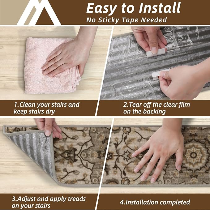 COSY HOMEER Stair Treads for Wooden Steps Indoor with TPE Backing,15Pcs | Non-Slip Carpet Stair Treads, Soft Peel and Stick Stair Runners,Pet-Friendly Stair Runner Washable Reusable,Floral Gray