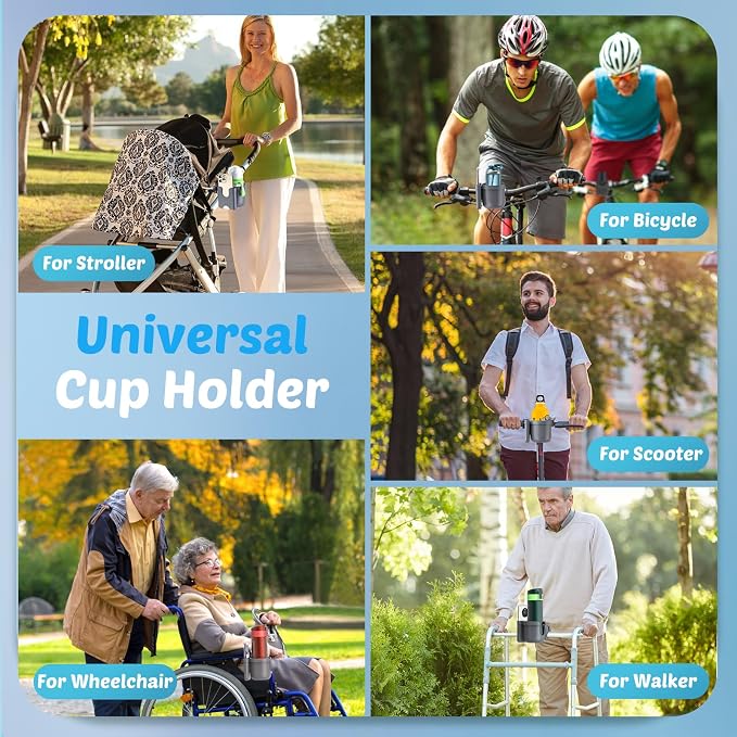 Walker Cup Holder with Phone Holder, Stroller Wheelchair Bike Accessories | Universal Cup Holder Attachment for Rollator Mobility Scooter, Elderly Seniors Gifts, Accessories for Doona, Uppababy, Nuna
