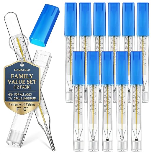 MAGICLULU 12Pcs Glass Oral Temperature for Adults Fever, Dual Scale ℃ & ℉ Traditional Underarm Body Temperature with Case, Precise Measurement for Kids Babies Elderly Home Family Clinics