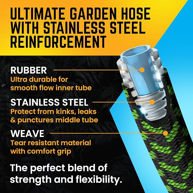 PowerFlow Garden Hose, NON-EXPANDABLE 100ft Premium Quality Stainless Steel Metal Water Hose with Durable Fabric Skin, Hose For Commercial, Residential Use, Bonus 10-way Spray Nozzle (100 Ft, Green)