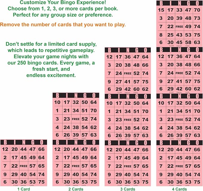250 Bingo Cards, Large 4.5 x 4.5 Inch, Pink, Paper Bingo Sheets | 8 Color Options, Premium Cardstock, Disposable with Daubers or Reusable with Chips — Proudly Made in USA