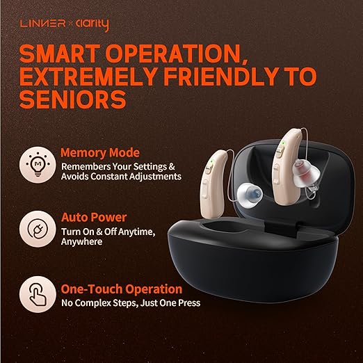 LINNER Upgraded Hearing Aids for Seniors, OTC Rechargeable Amplifier with Noise Cancelling, Designed for Adults with Mild to Moderate Hearing Loss, With Charging Case for All-Day Use (Black)