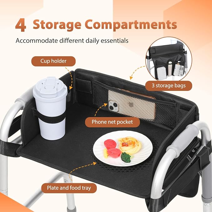 Tray for Walkers for Seniors with Cup Holder - Walker Accessories 【w/Pockets, Cup Holder & Non Slip Mat for Food】Mobility Trays Fits Most Standard Folding Walkers, Removable & Easy Assembly