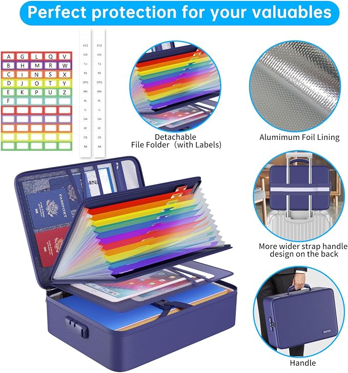 ENGPOW Fireproof File Organizer Bag with 13 Pockets Accordion File Folder | 5200℉ Document Organizer Box with Lock & Labels, Multi-Layer, Portable Home Safe Storage for Important Documents, Blue