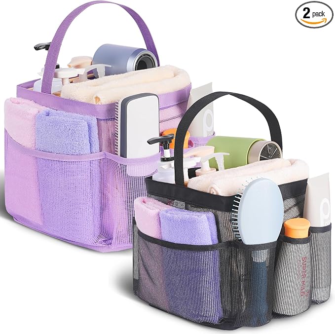 EUDELE 2 Pack Mesh Shower Caddy Portable for College Dorm Room Essentials, Shower Caddy Dorm with 8-Pocket Large Capacity,Shower Bag for Beach,Swimming,Gym All Black+All Pink