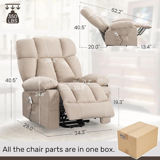 Power Lift Recliner Chair for Elderly, Big and Tall Lift Chair with Massage and Heat for Living Room, Fabric Electric Recliner Chairs with 4 Side Pockets, USB Charge Port,Beige
