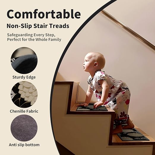 Non Slip Stair Treads for Wooden Steps, 1 Pack 30"x30" Washable Carpet | 30x30 in soft chenille polyester stair treads with reusable TPE backing for indoor wood stairs, dogs, kids, and seniors