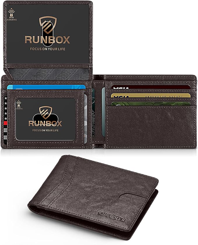 RUNBOX Wallet for Men -Slim Rfid Leather Mens Bifold Novelty Wallets 2 ID Window With Gift Box Men's Accessories | Minimalist Front Pocket Design, Holds 15 Cards, Large Capacity with Cash Pocket,Compact and Thin, Birthday Gifts for Men