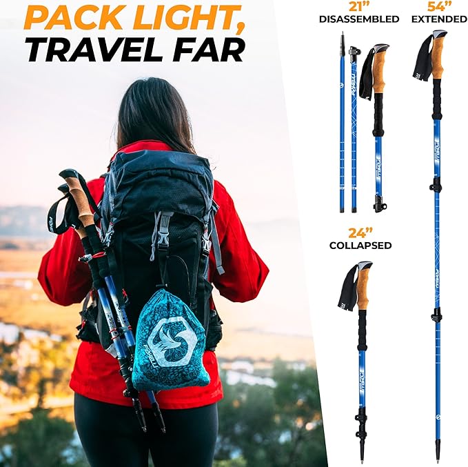 Foxelli Carbon Fiber Trekking Poles – Lightweight Collapsible Hiking Poles with Cork Grips, Quick Flip Locks & All-Terrain Accessories – Adjustable Height Hiking Sticks for Men & Women