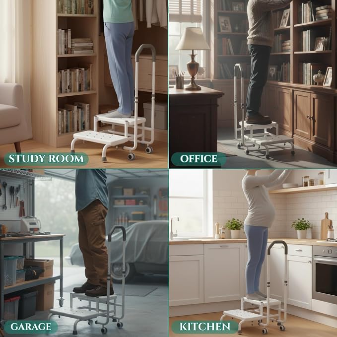 2 Step Stool with Handle & Wheels for Seniors, for Grandpa White | 400 lbs Capacity, Heavy Duty Bed Step for High Beds, Adjustable 5-Level Handrail, Non-Slip Wide Steps, Non-Skid Rubber Feet