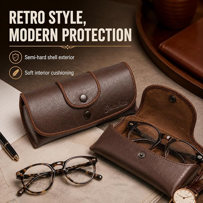 Calabria Double Snap Belt Loop Eyeglass Case PU Leather Brown Old School Vintage Eye Glasses Pouch Semi-Hard Sunglass Holder - 12PACK