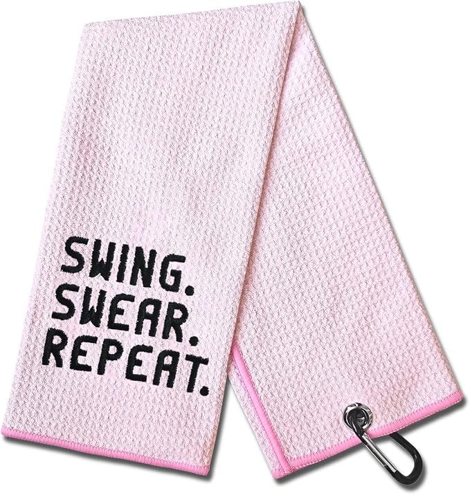 DYJYBMY Swing Swear Repeat Funny Pink Golf Towel with Clip, Fit for Men, Dad, Boyfriend, Birthday Gift for Golf Fan, Funny Golfer