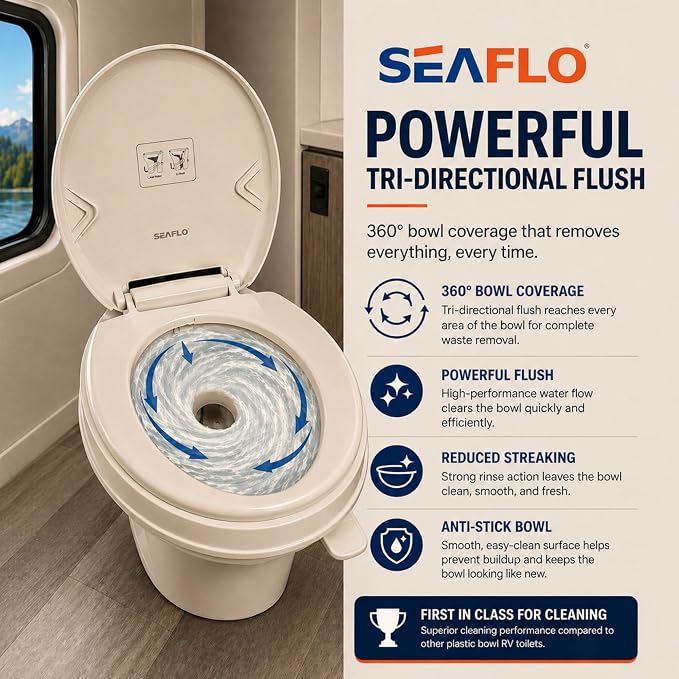 SEAFLO Bone RV Toilet, Residential Height 18.4", Gravity Flush Foot Pedal, Soft Close Seat, Camper Toilet for RV Motorhome Travel Trailer, Parchment, SFRTPH-02-01, 4-Year Warranty
