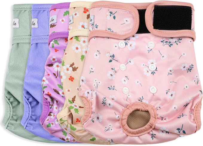Female Dog Diapers 5Pcs - Premium Reusable Diapers for Doggie in Heat - Highly Absorbent Dog Diapers Female for Pet Incontinence with Adjustable Snaps,Flowers M