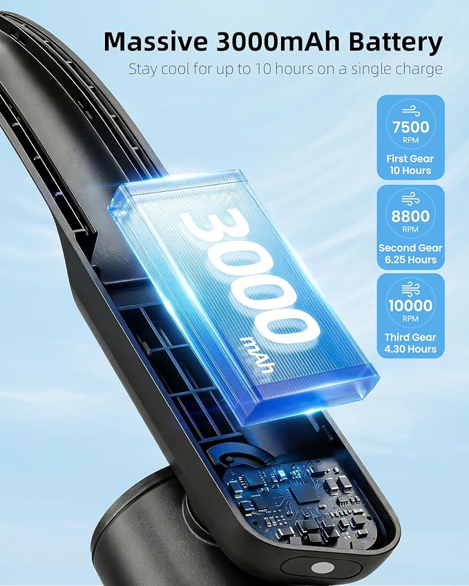 FrSara Portable Neck Fan that Blows Cold Air Rechargeable, Personal Battery Powered Cooling Device with USB TYPE-C, LED Display, Light, 3-Speed, 3000mAh, Ideal Present for Women, Men, Travel, Black