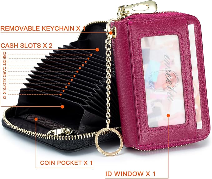 imeetu RFID Credit Card Holder, Small Card Wallet Women, Leather Card Case | Genuine Leather Women's Card & id Cases, Change Coin Purse with Zipper Keychain id Window, 20 Colors & 3 Styles, Daily, Gifts