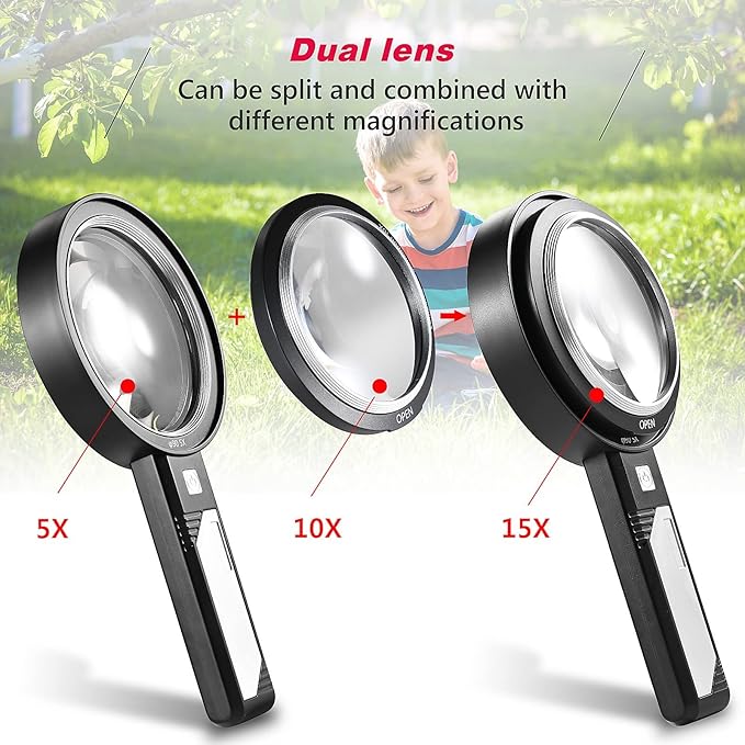 Magnifying Glass with Light, USB Rechargeable 5X 10X 15X Handheld Magnifying Glass Double Lens Magnifier 8 Light for Reading Small Prints, Seniors Reading, Books, Map, Coins