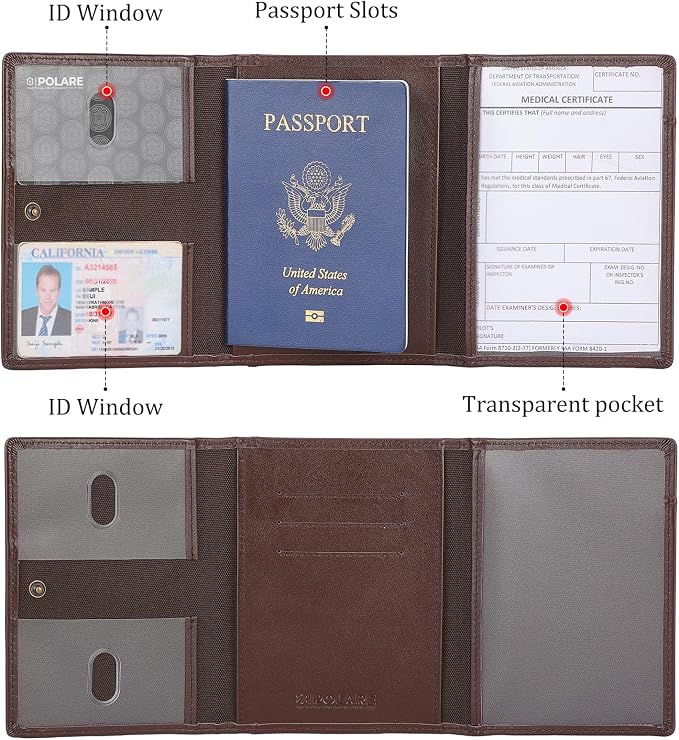 Polare Napa Leather Pilot Wallet Passport Holder RFID Blocking Tri-fold Travel Cover Document Organizer for Aviation Professionals (Coffee)